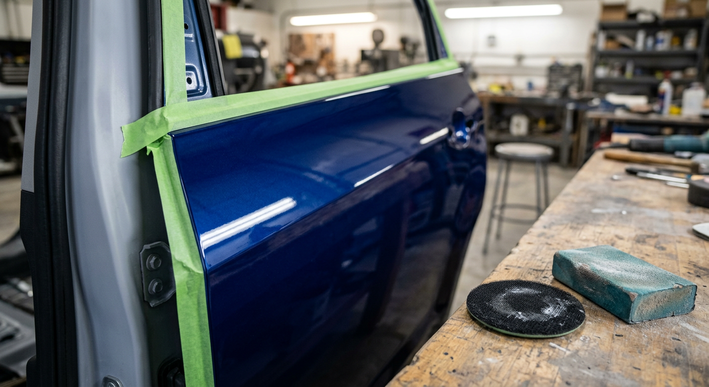 Close-up of a freshly painted blue car door panel being inspected
