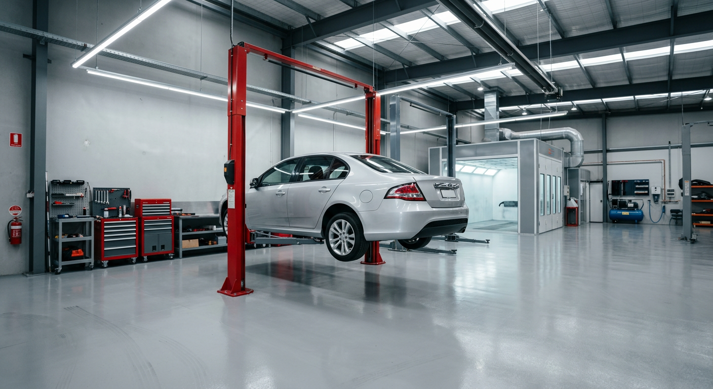 Clean collision repair workshop with a repaired silver sedan on a lift