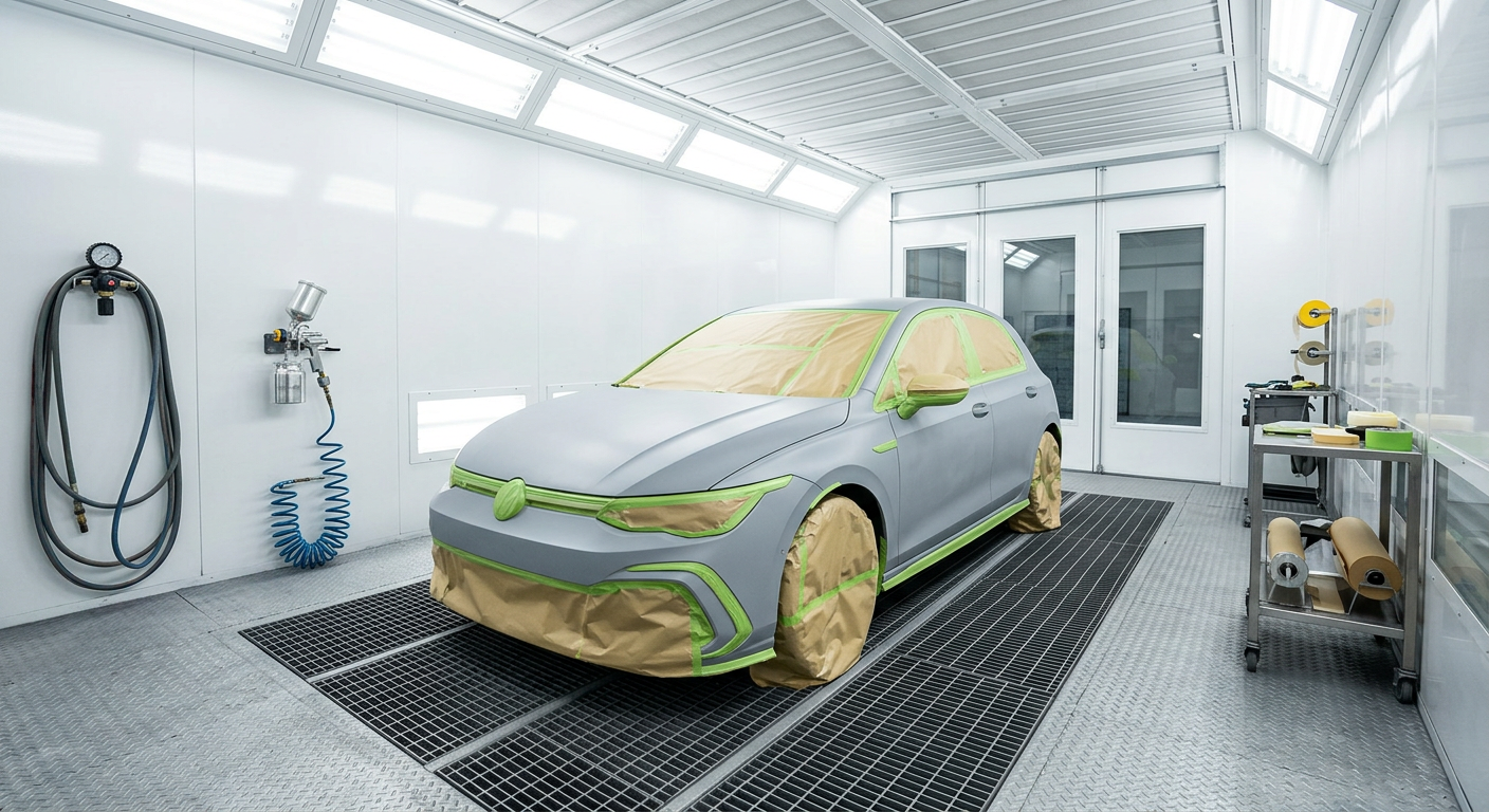 Car masked and prepped inside a bright paint spray booth